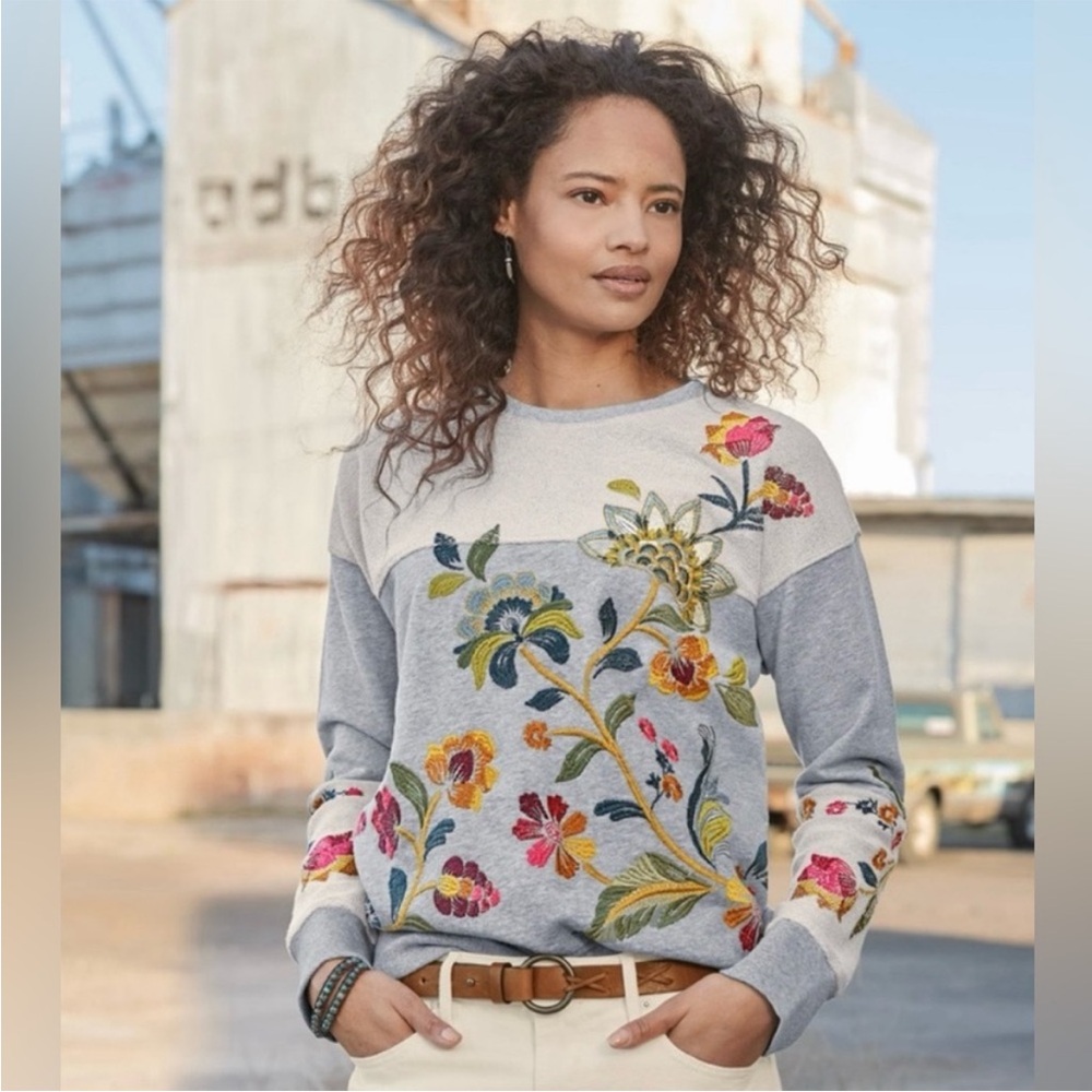 Johnny Was Venessa Floral Embroidered Heather Grey Sweatshirt NWT